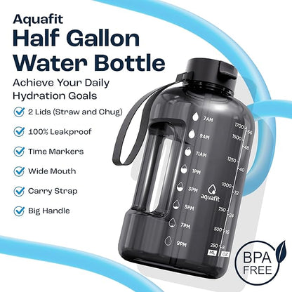 AQUAFIT 64 oz Water Bottle with Time Marker - Straw & Chug Lid - BPA Free Half Gallon Gym Water Bottle with Handle - Big Gallon Jug (Galaxy, 64 Ounces)