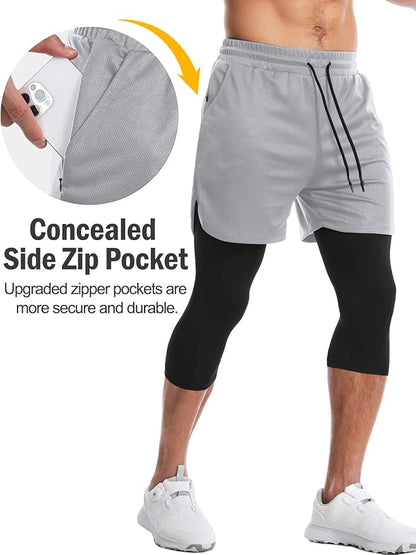 Aolesy Men's 2 in 1 Running Pants, Gym Workout Compression Pants for Men Training Athletic