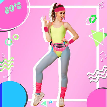 80s Neon Workout Costume Accessories Set 10 PCS Leg Warmers for Women 80s Headband Wristband Fanny Pack for Yoga Running