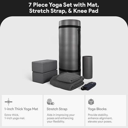 BalanceFrom 7-Piece Yoga Set with 71x24x0.5 Inches Extra Thick Mat and Carrying Sling – Includes 2 Blocks, Stretch Strap, 2 Towels, and Knee Pad for Home, Studio, and Gym Workouts