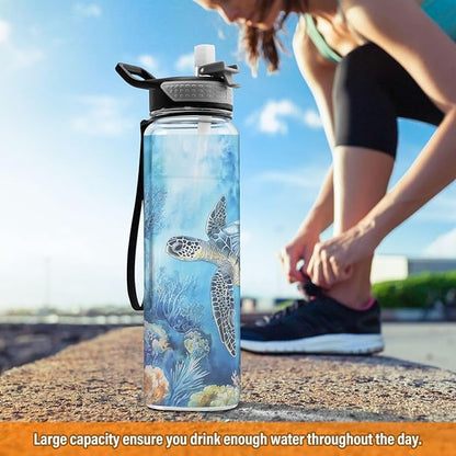 Fustylead Watercolor Sea Turtle Swimming in Ocean Tritan Water Bottle with Straw and Lids, 32 oz Reusable BPA Free Sport Water Bottle for Gym Camping Hiking Travel