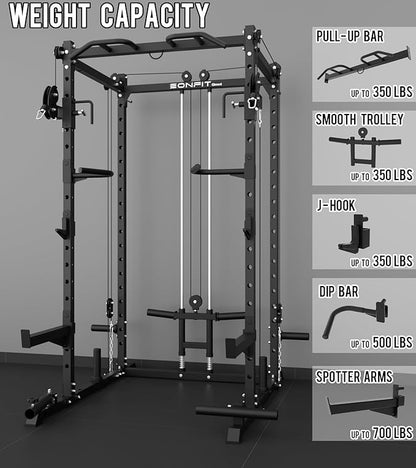 Eonfit E2 Power Cage，1500LB Squat Rack with Cable Crossover System.Multi-Function Power Rack for Home Gum.All-in-One Squat Rack with More Training Attachments