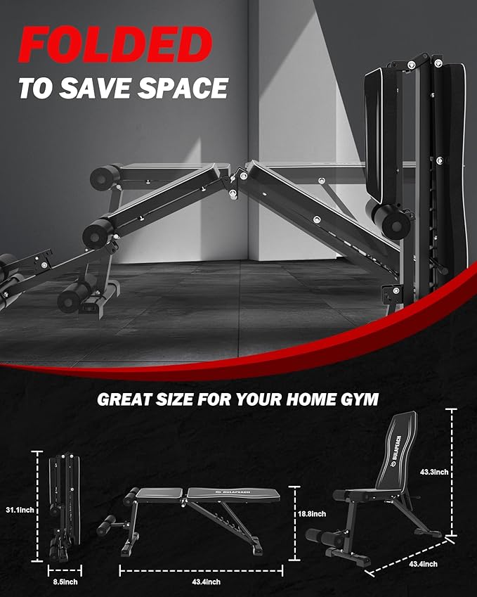 Adjustable Weight Bench Workout Bench for Home Gym, Foldable Workout Bench 700LBS Weight Capacity for Full Body Strength Training,Incline Flat Decline Sit-up Bench (2 Resistance Bands)