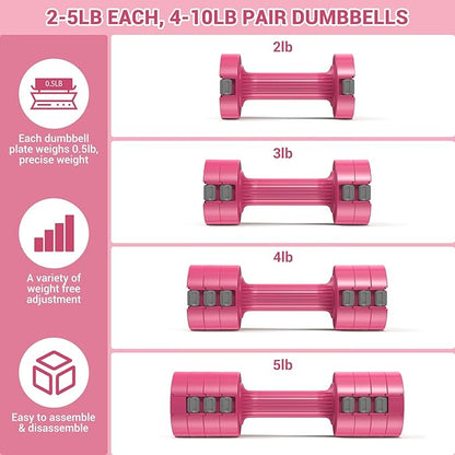 Sportneer Adjustable Dumbbells Hand Weights Set: 5 lb Dumbbell Set of 2 Each 2lb 3lb 4lb 5lb Free Weights Fast Adjust Weight 4 In 1 Weights Dumbbells Set for Women Men Home Gym Exercise Training