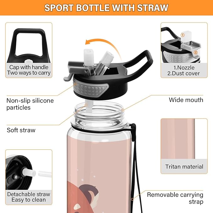Fustylead Cute Flat Red Panda 32oz Water Bottle with Straw, Leakproof Clear Sport Water Bottles for Gym Camping Hiking Travel