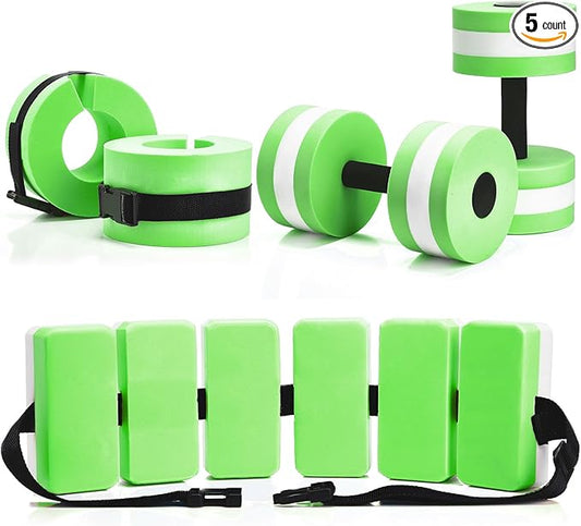 5 Pcs Pool Aquatic Exercise Set Including 2 Lightweight Water Dumbbells, 2 Ankle Swimming Weights, and Swim Belt Water Exercise Equipment for Aquatic Aerobics