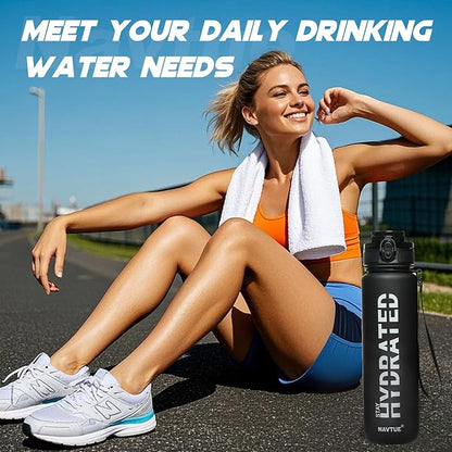 Water Bottle, 32 oz Sports Water Bottles with Time Marker Wide Mouth, Motivational and Leakproof Drink Bottle, BPA Free Tritan with Carry Strap for Gym Fitness Outdoor(1 Bottle)