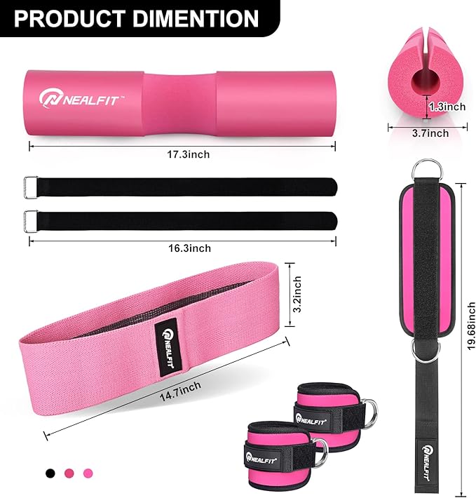 Barbell Pad Set for Squats, Lunges and Hip Thrusts, Neck & Shoulder Protective Pad, Standard Olympic Bars with 2 Gym Ankle Straps, Hip Resistance Band, Barbell Pad, Carry Bag
