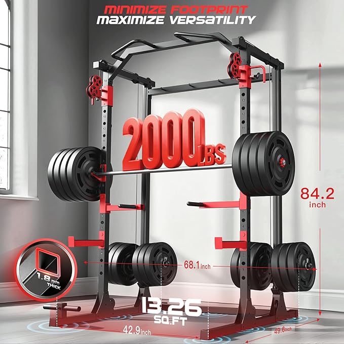 OPPSDECOR Power Cage, 2000LBS Squat Rack with Dual Pulley Cable Crossover System, Multifunctional Power Rack with More Training Attachments for Home Gym, Weight Cage Fits Compact Space