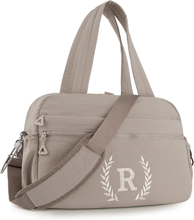 Gym Duffle Bag for Women – Embroidered Custom Initial Sports Bag for Men – Personalized Travel & Workout Duffel with Luggage Sleeve – Thoughtful Gift for Mom, Girl, Daughter, Mother (Camel, R)