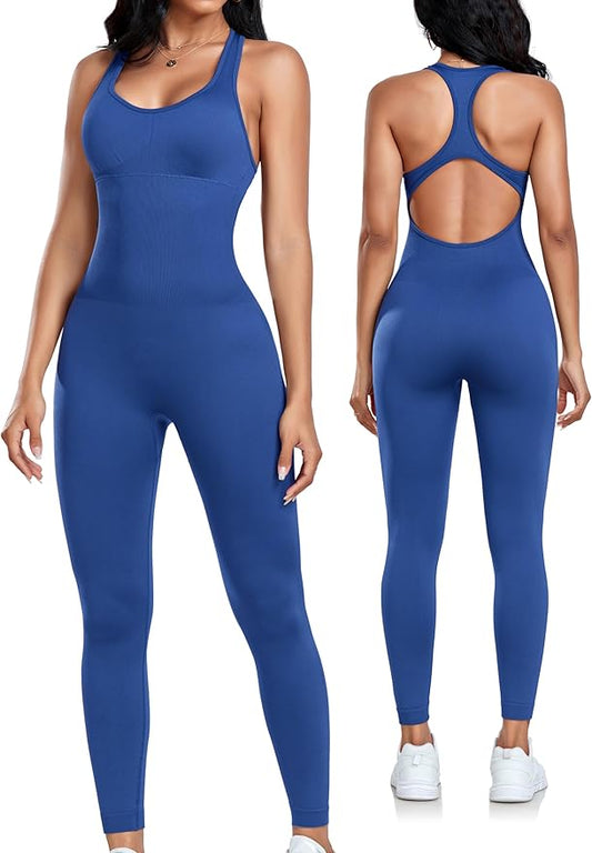 OLCHEE Womens Workout Jumpsuits Seamless Yoga Gym Bodycon Rompers Sexy Racerback Tummy Control Padded Bra Unitard