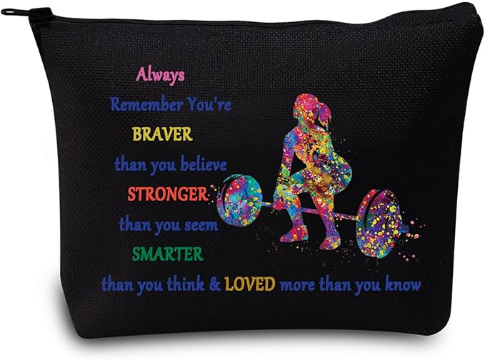 LEVLO Weight Lifting Cosmetic Make Up Bag Weightlifter Gifts Idea You Are Braver Stronger Smarter Than You Think Weightlifting Makeup Zipper Pouch Bag For Women Girls (Weight Lifting Black)