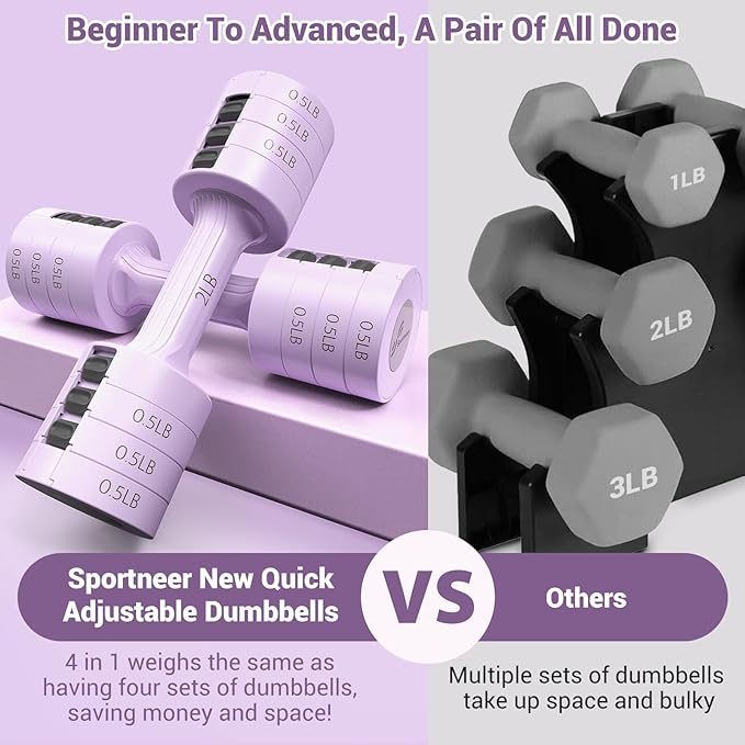 Sportneer Adjustable Dumbbells Hand Weights Set: 5 lb Dumbbell Set of 2 Each 2lb 3lb 4lb 5lb Free Weights Fast Adjust Weight 4 In 1 Weights Dumbbells Set for Women Men Home Gym Exercise Training