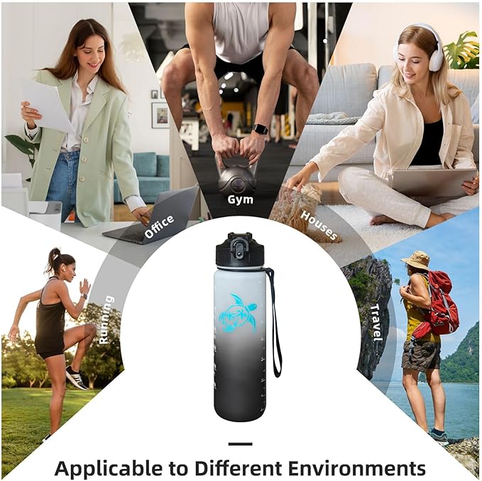 Sea Turtle Water Bottle with Straw, LeakProof, Carry Strap, BPA Free, 32 Oz Motivational Sport Water Bottle with Time Marker to Drink, Ideal for Gym Fitness Outdoor Black