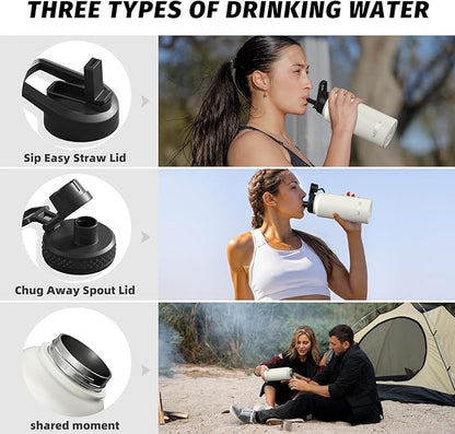 32oz Insulated Water Bottle (Cold for 48 Hrs),BPA Free&Leak Proof,Stainless Steel Water Flask,Water Jug with Straw Spout Lids for Gym,Hiking,Travel,White