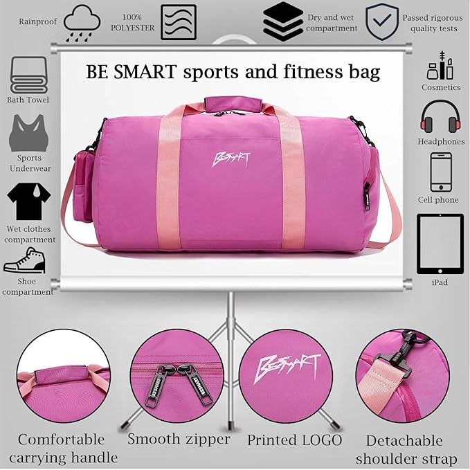 BE Smart Gym Bag Sports Duffle Bag for Men Women, Waterproof Gym Bags Weekender Bags with Shoe Compartment, Lightweight Large Overnight Workout Bag, Purple With Tpu Pocket, Casual Fashion