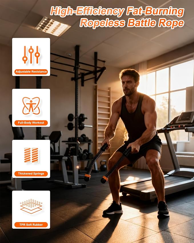 Ropeless Battle Ropes- Adjustable Portable Low-Impact Workout Equipment for Home Gym, Fitness Equipment for HIIT, Cardio & Muscle Training, Fat Burning for Men, Women & Fitness Enthusiasts (Black)