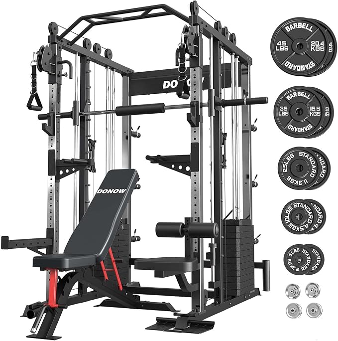 DONOW Smith Machine with Weight Stacks, Heavy Duty Home Gym System Power Cage Cable Crossover Machine Multi-Functional Trainer Ratio 1:1