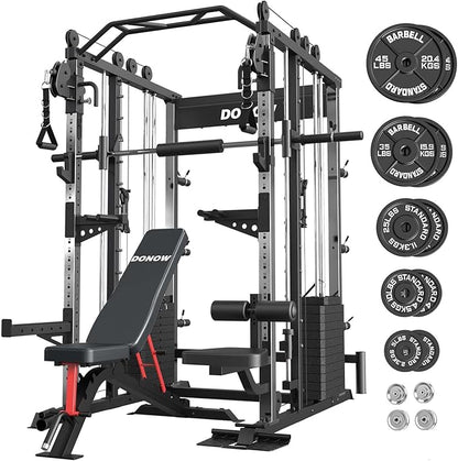 DONOW Smith Machine with Weight Stacks, Heavy Duty Home Gym System Power Cage Cable Crossover Machine Multi-Functional Trainer Ratio 1:1