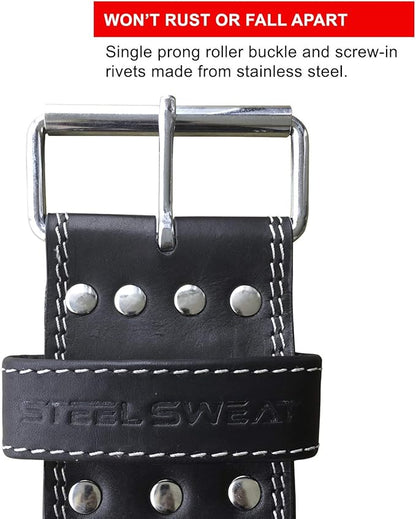 Steel Sweat Powerlifting Belt for Weight Lifting - 4" Wide by 10mm Thick - Single Prong Heavy Duty Adjustable Weightlifting Belt, High Grade Leather - BOLT Black Large