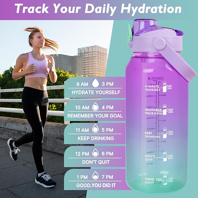 64oz Sports Water Bottle with Fruit Infuser, 2 in 1 Straw and Chug Motivational Water Bottle with Time Marker, Half Gallon Large Water Jug with Handle for Travel Fitness Gym Outdoor (Purple)