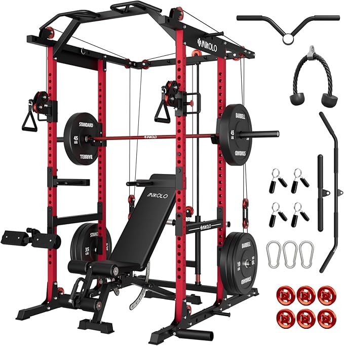 Mikolo K6 2.0 Power Cage, Power Rack with Cable Crossover System, 2000LBS Squat Rack with LAT Pull Down System, Functional Trainer with Aluminum Pulley System for Home Gym