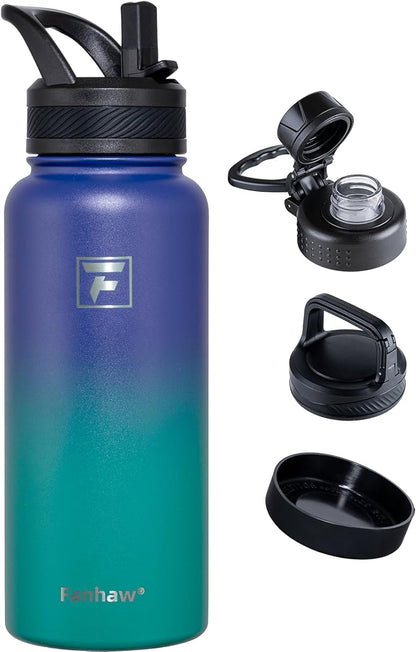 Fanhaw 32 oz Insulated Water Bottle – Portable Stainless Steel Flask with 3 Lids (Straw, Spout, Carabiner) | Leakproof, for Gym, Hiking, Work, Travel & Everyday Use (Purple Green)