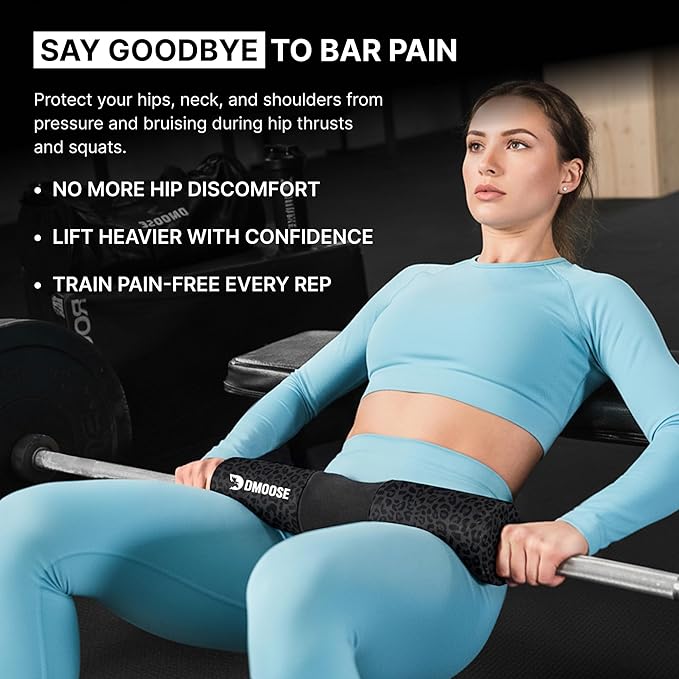 DMoose Fitness Barbell Pad for Hip Thrust, Squat & Lunges - Non-Slip Thick Foam Cushion for Neck and Back Support with Two Straps - Hip Thrust Pad for Leg Day - Fits All Olympic Bars and Smith Machine