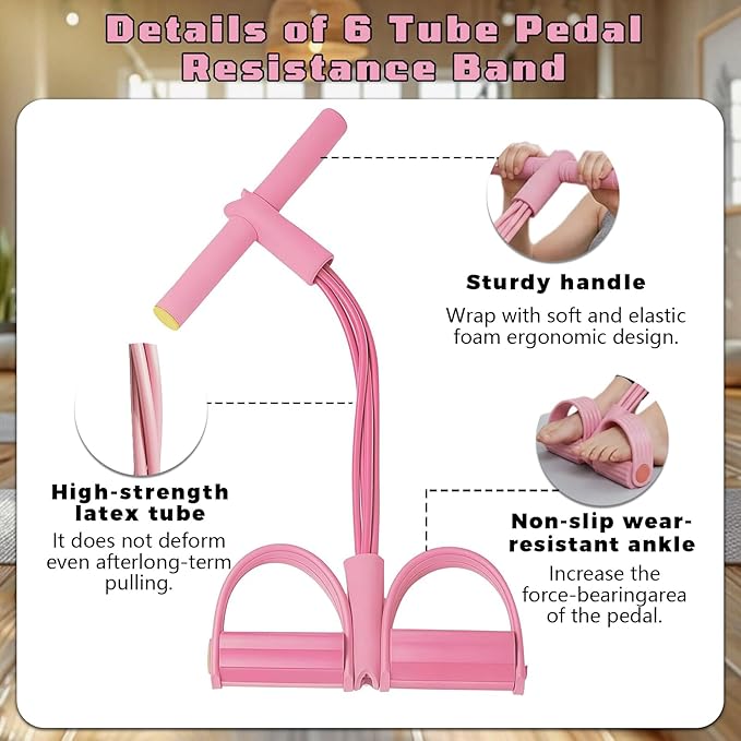 Multifunctional Pedal Resistance Band with Handle, 6 Tube Pedal Ankle Puller,Pedal Resistance Trainer with Figure 8 for Strength Training, Waist, Arm, Leg Slimming, Home Gym Exercise Equipment