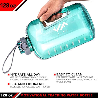 JFIT BPA Free Reusable Sports Water Bottle w/Time Markers, Leakproof Flip-Top Lid & Carry Strap – Durable PETG, 2.28" Wide-Mouth for Ice – Eco-Friendly, Odor-Free & Easy to Clean