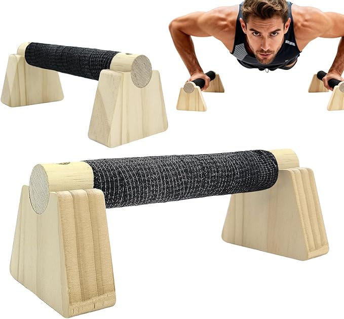 Push-up Stand, Wooden Parallettes Bars for Handstand Training, Solid Push Up Bars & Calisthenics Bar, with Non-Slip strap, Exercise Home Workout Equipment for Men Strength Training