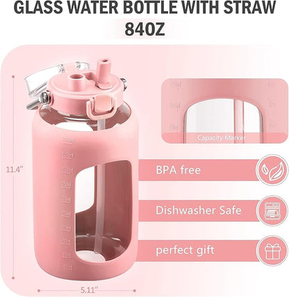 BLUEGO 84oz Water Bottle Glass with Stainless Steel Handle Large 2.5l Water Bottle with Time Markers and Silicone Sleeve Half Gallon Water Jug BPA Free for Gym Daily Use, Pink