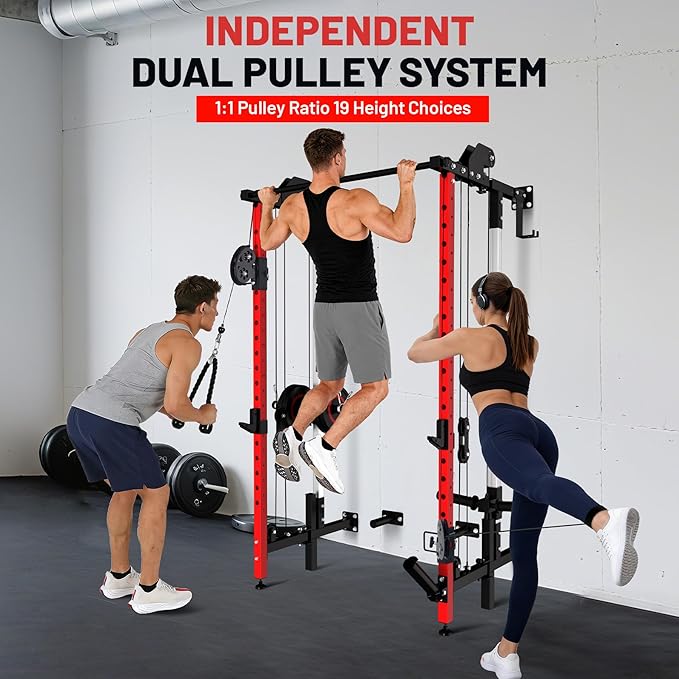 GarveeLife Folding Squat Rack, Wall Mounted Power Rack with Pulley System & Pull Up Bar, Compact Fitness Equipment with 5 Adjustable Function Modes for Small Spaces, Garage, Apartment, Red