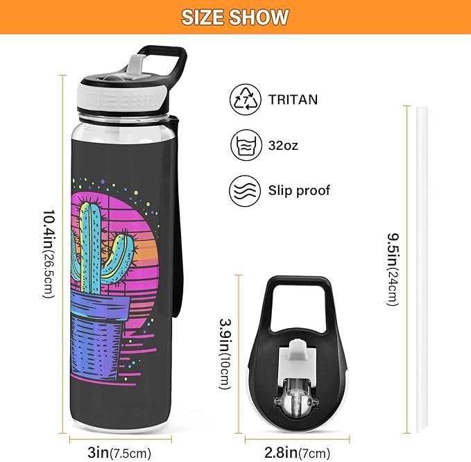 Fustylead Neon Color Cactus Design 32 oz Tritan Water Bottle with Straw, Leakproof and BPA-Free Sport Water Bottle for Fitness, Gym & Outdoor
