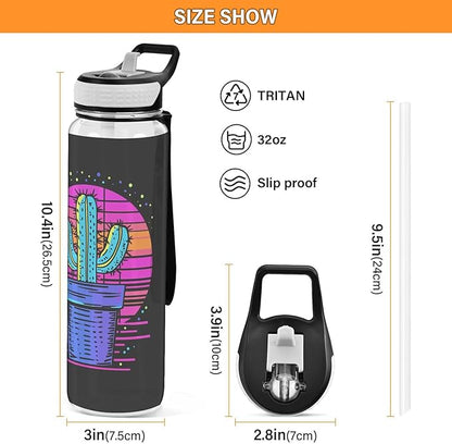 Fustylead Neon Color Cactus Design 32 oz Tritan Water Bottle with Straw, Leakproof and BPA-Free Sport Water Bottle for Fitness, Gym & Outdoor