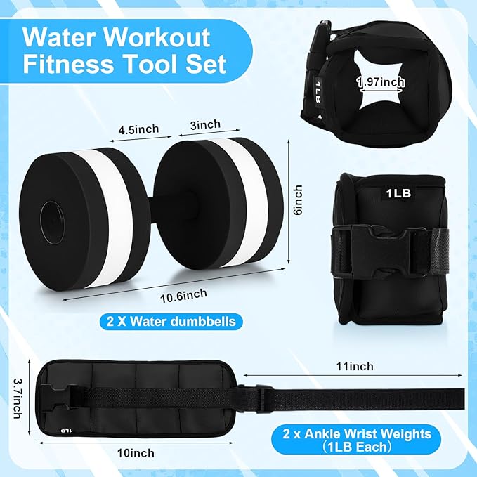 Water Aerobics Set, 4 Piece Pool Exercise Kit (2 Aqua Dumbbells + 2 Ankle/wrist Weights), EVA Foam, Low-impact Workout