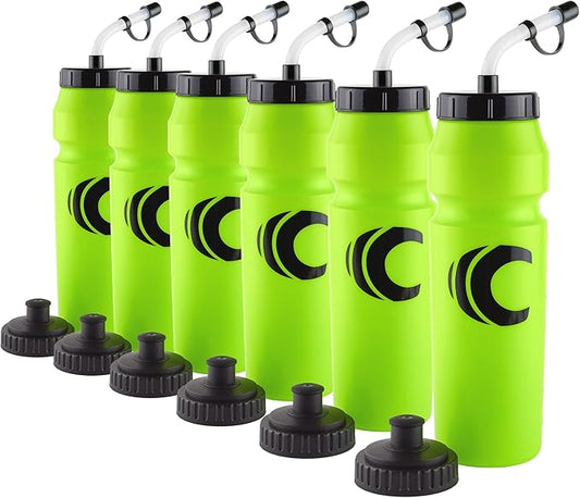 Cannon Sports 1 Liter Sports Water Bottle, BPA-Free, 34 Oz Capacity, Large Mouth, 2 lids (Straw and Squeeze), Great For Helmet Sports Such As Hockey, Lacrosse, Football, Boxing (6 Pack) (Lime Green)