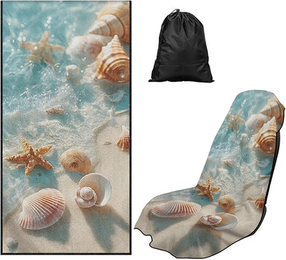 Bulopur Beach Starfish Shell Car Seat Towel Cover After Gym Workout Beach Swimming Sweating Car Seat Cover Fits for Cars SUV Sedan Truck Front Seats