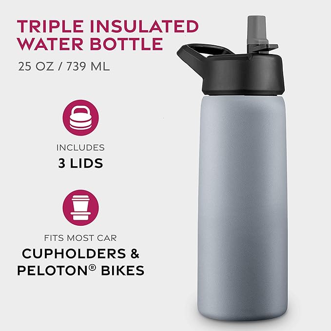 FineDine Triple Walled, Insulated Water Bottles with Straw - 25 Oz Stainless Steel Metal Bottle W/ 3 Leak Proof Lids - For Travel, School, Sports, Gym/Men, Women & Kids - Modern Lava Gray