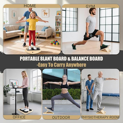 3-in-1 Slant Board & 180°/360° Balance Board, Portable 6 Angle Adjustable Calf Stretcher with Training Poster, Anti-Slip 300LBS Wobble Board for Physical Therapy, Standing Desk & Core Strength