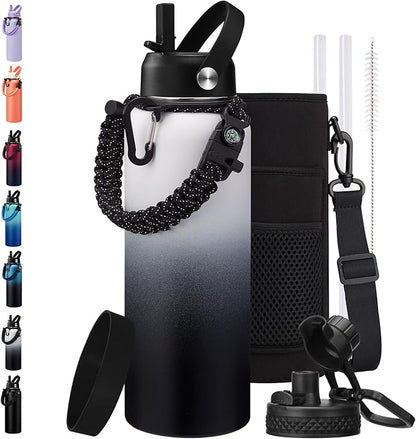 BENZZO 40 oz Water Bottle with Straw - Insulated Water Flask with Straw & Auto Spout Lid, Paracord Handle & Carrying Case, Keep Cold 48H Hot 24H Metal Water Hydro for Hiking Running