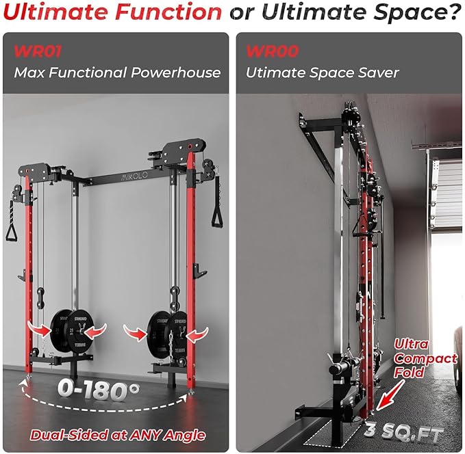 Mikolo Folding Squat Rack, Wall Mounted Power Rack with Cable Crossover Machine & LAT Pull Down, Functional Trainer with 5 Adjustable Function Modes, for Home Gym and Space Saving