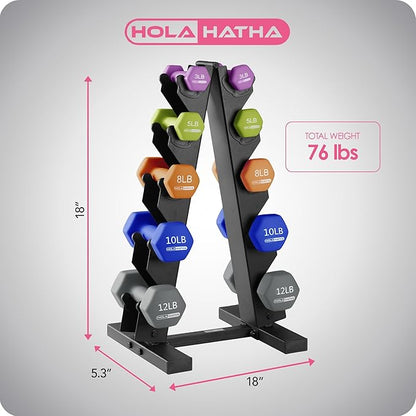 HolaHatha 2, 3, 5, 8, and 10 Pound Neoprene Dumbbell Free Hand Weight Set with Rack, Ideal for Home Exercises to Gain Tone and Definition, Pastel
