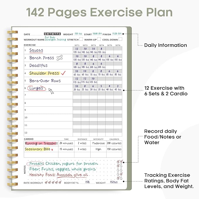 Fitness Workout Journal for Women & Men, A5(5.5" x 8.2") Workout Log Book Planner for Tracking, Progress, and Achieving Your Wellness Goals - Green