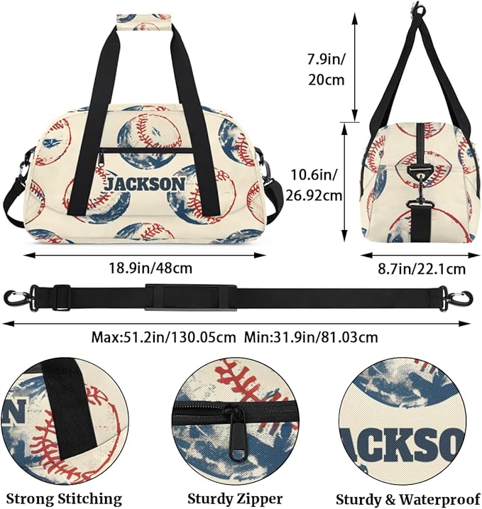 Personalized Baseball Gym Duffel Bags for Kids Boys with Custom Name Sport Travel Bags for Training Overnight Weekender, Beige
