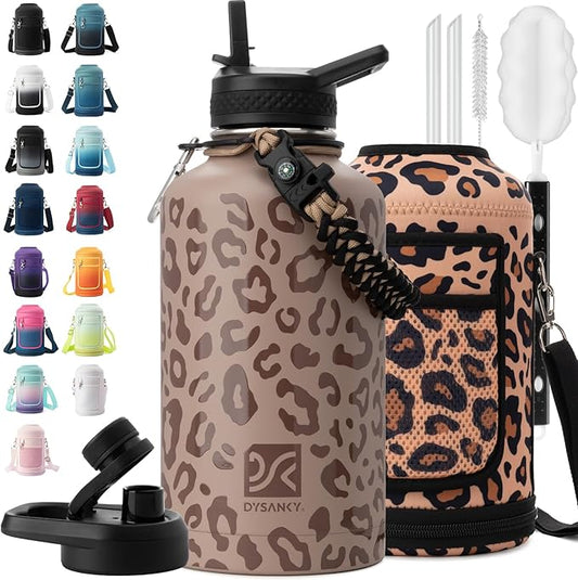 Insulated Water Bottle | Thickened Stainless Steel Vacuum Metal | Portable Sports Half Gallon Large Water Jug for Gym and Hiking with Straw, Carrier Bag, Handle Strap | BPA-Free 64 oz