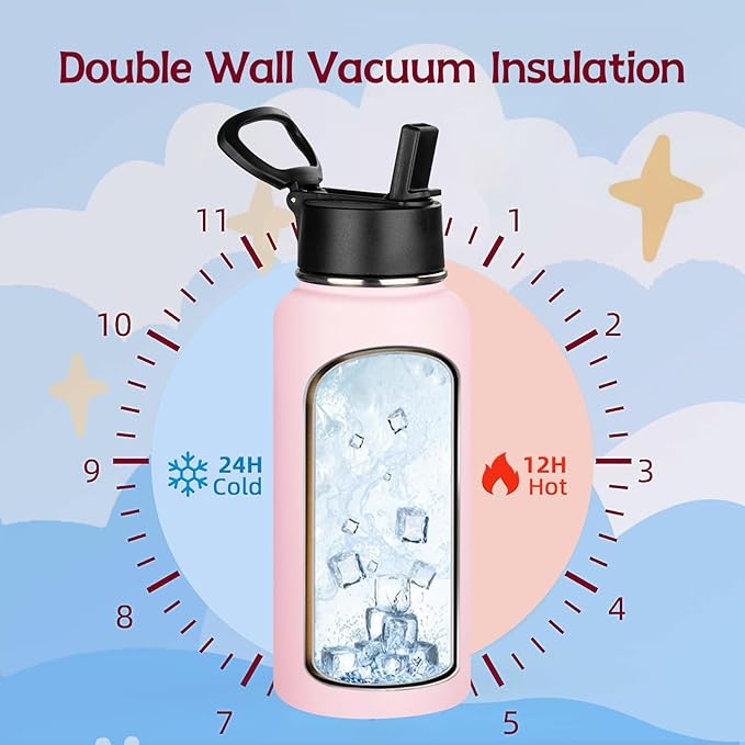 MEZMUT Insulated Water Bottle with Straw 32 oz Metal Water Bottle Leakproof Travel Stainless Steel Water Bottles Reusable Double Wall Gym Sports Cup Flask for Camping Hiking, Pink