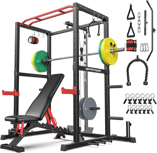 Sportsroyals Squat Rack, LAT Power Cage, Power Rack Multi-Function with Pulley System and Training Attachments for Home Gym