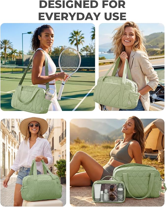 Percover Women Gym Bag with Toiletry Organizer Pouch, Quilted Workout Duffle with Compartments for Daily Fitness & Yoga, Locker-Friendly Soft Carry, Mint Green