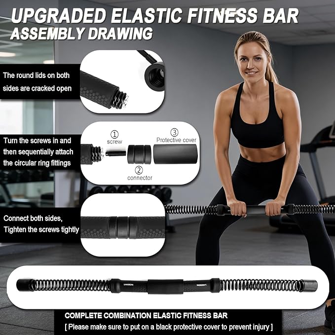 Ropeless Battle Ropes (2-in-1) Elatic Fitness Bar,Cordless Battle Ropes Sticks with Exercise Guide,Portable Home Gym Equipment for HIIT,Strength Low-Impact Workouts for Men & Women Grey